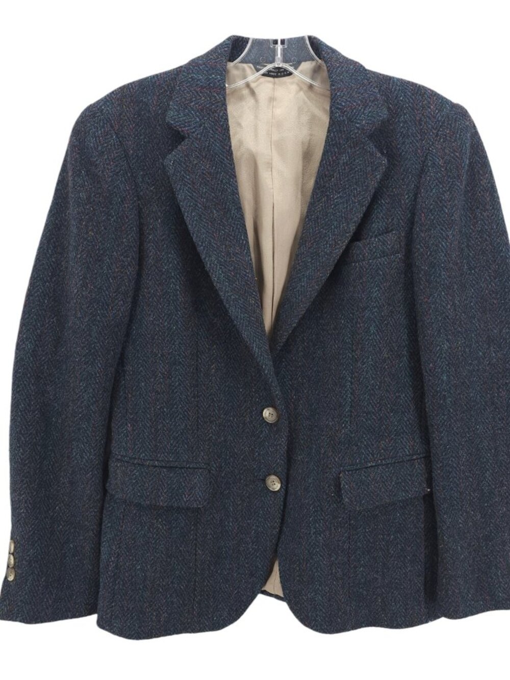 HARRIS TWEED Blue Herringbone Women's Blazer Jacket Pure Scottish Wool Size 8
